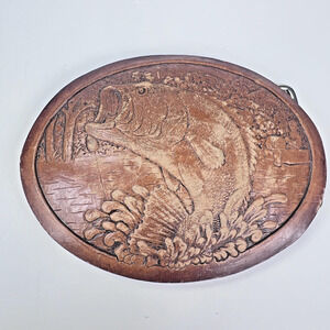 Vintage Hand Tooled Leather Bass Fish Belt Buckle Fishing Scene Outdoorsmen Gift